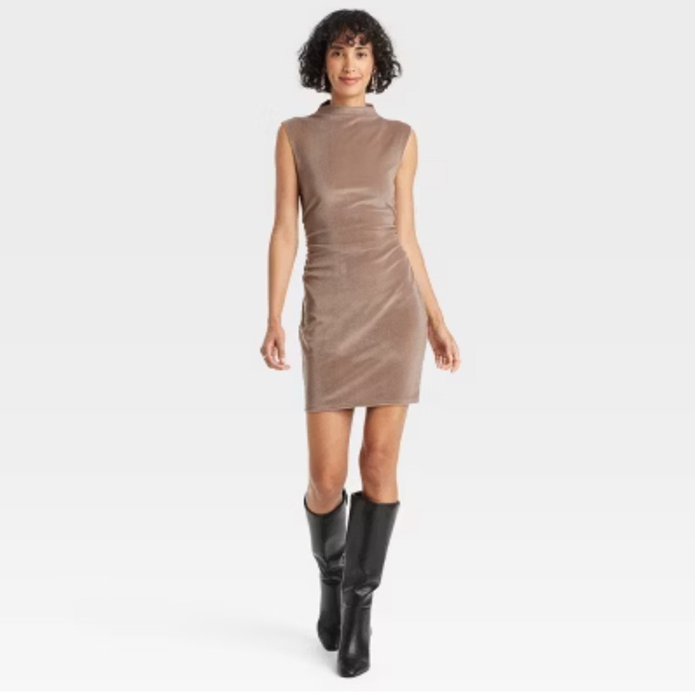 Women's Mini Velvet Taupe Ruched Dress - A New Day size small